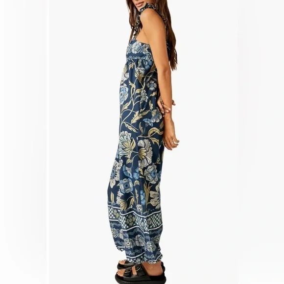 Free People Bali Albright Cotton Floral Jumpsuit With Pockets Blue Combo - Picture 5 of 6